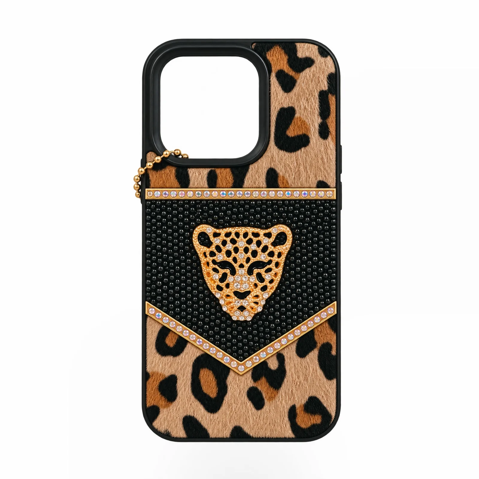 iPhone 15 Pro Leopar Desenli Taşlı ve İncili Lüks Kılıf
