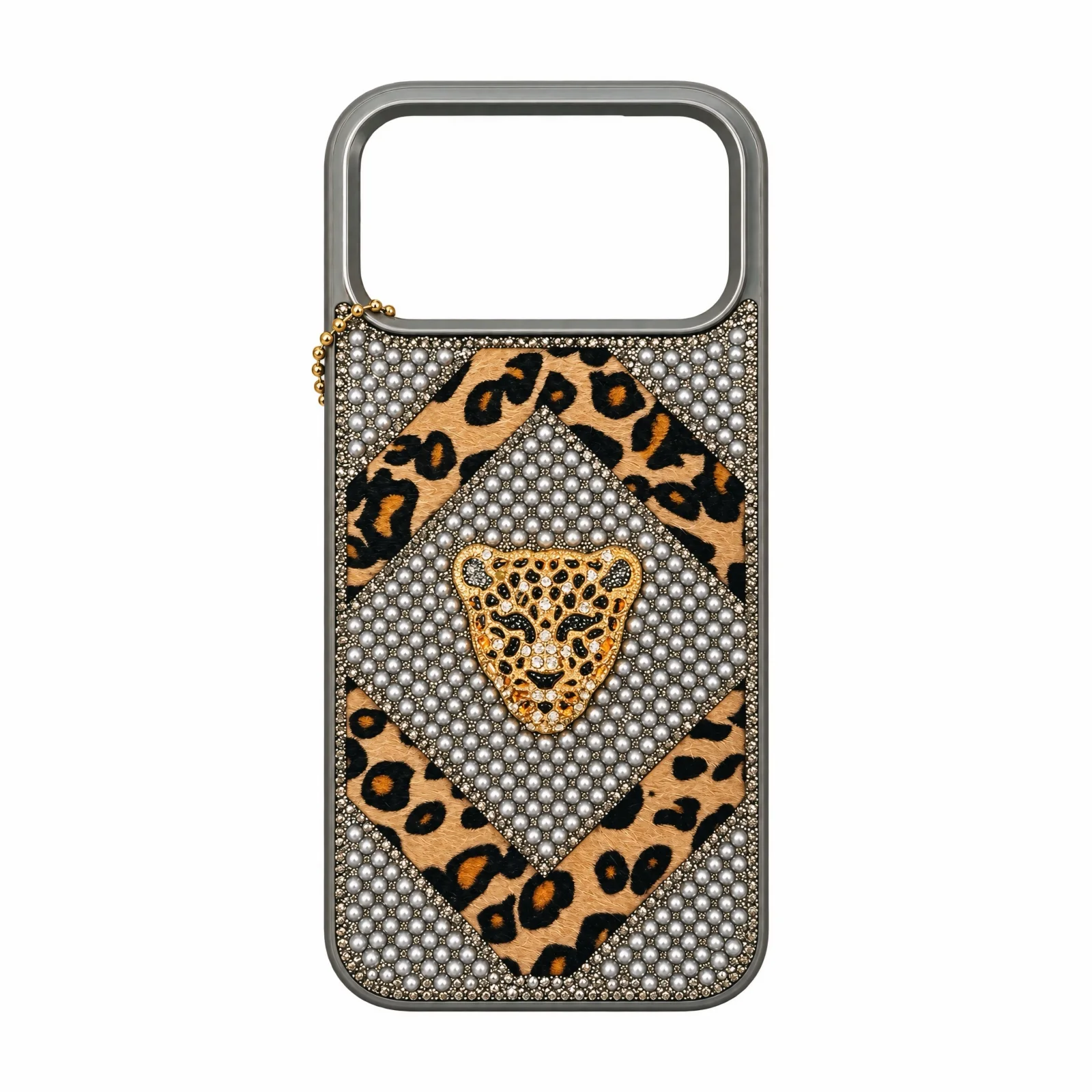 iPhone 17 Pro Max Leopar Desenli Taşlı ve İncili Lüks Kılıf