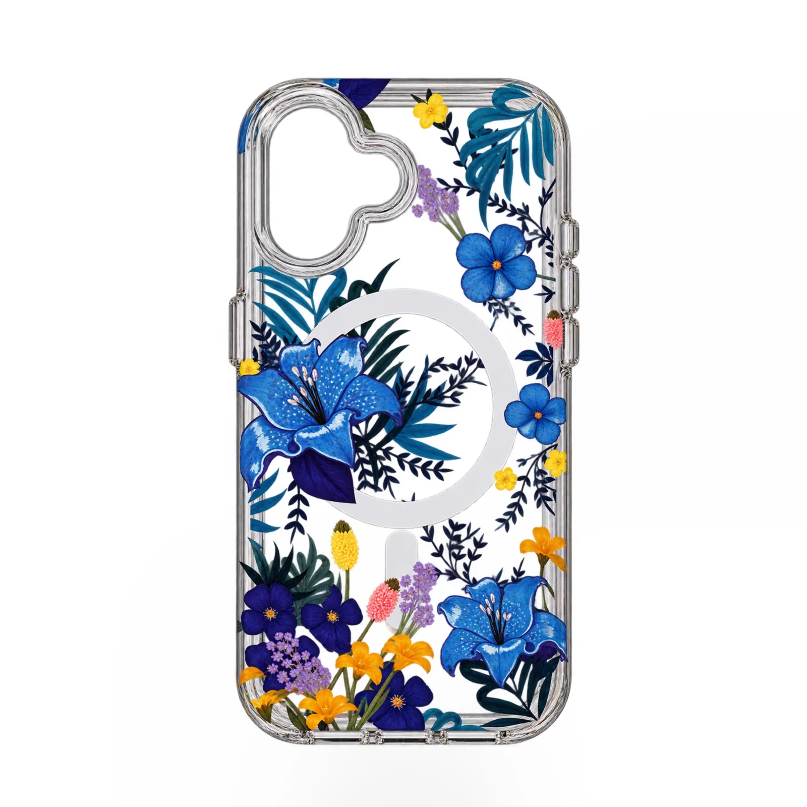 iPhone 17 Mavi Botanik Desenli Şeffaf Kılıf
