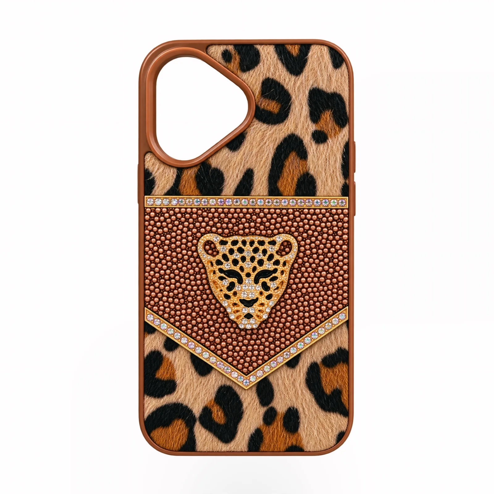 iPhone 16 Leopar Desenli Taşlı ve İncili Lüks Kılıf