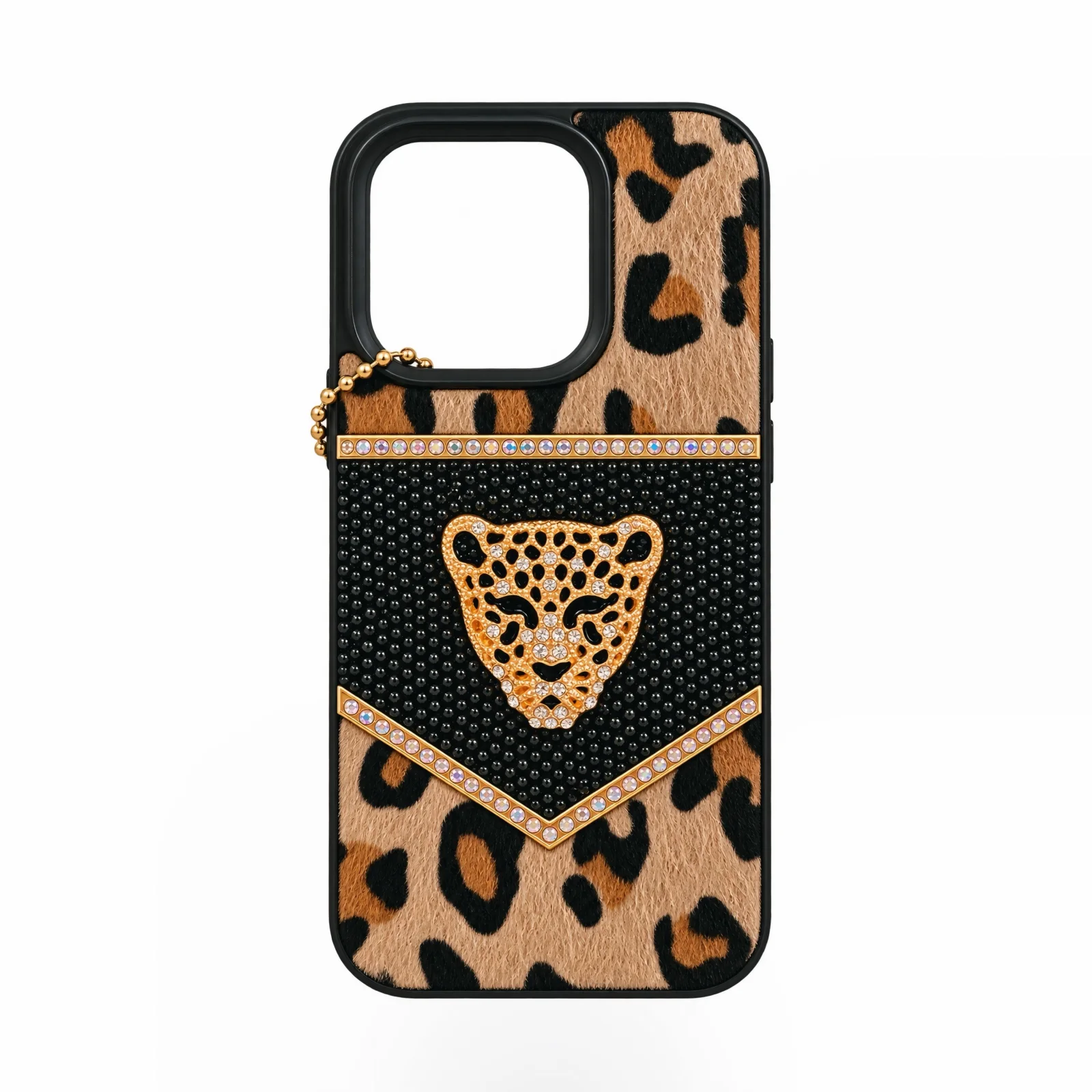 iPhone 14 Pro Leopar Desenli Taşlı ve İncili Lüks Kılıf