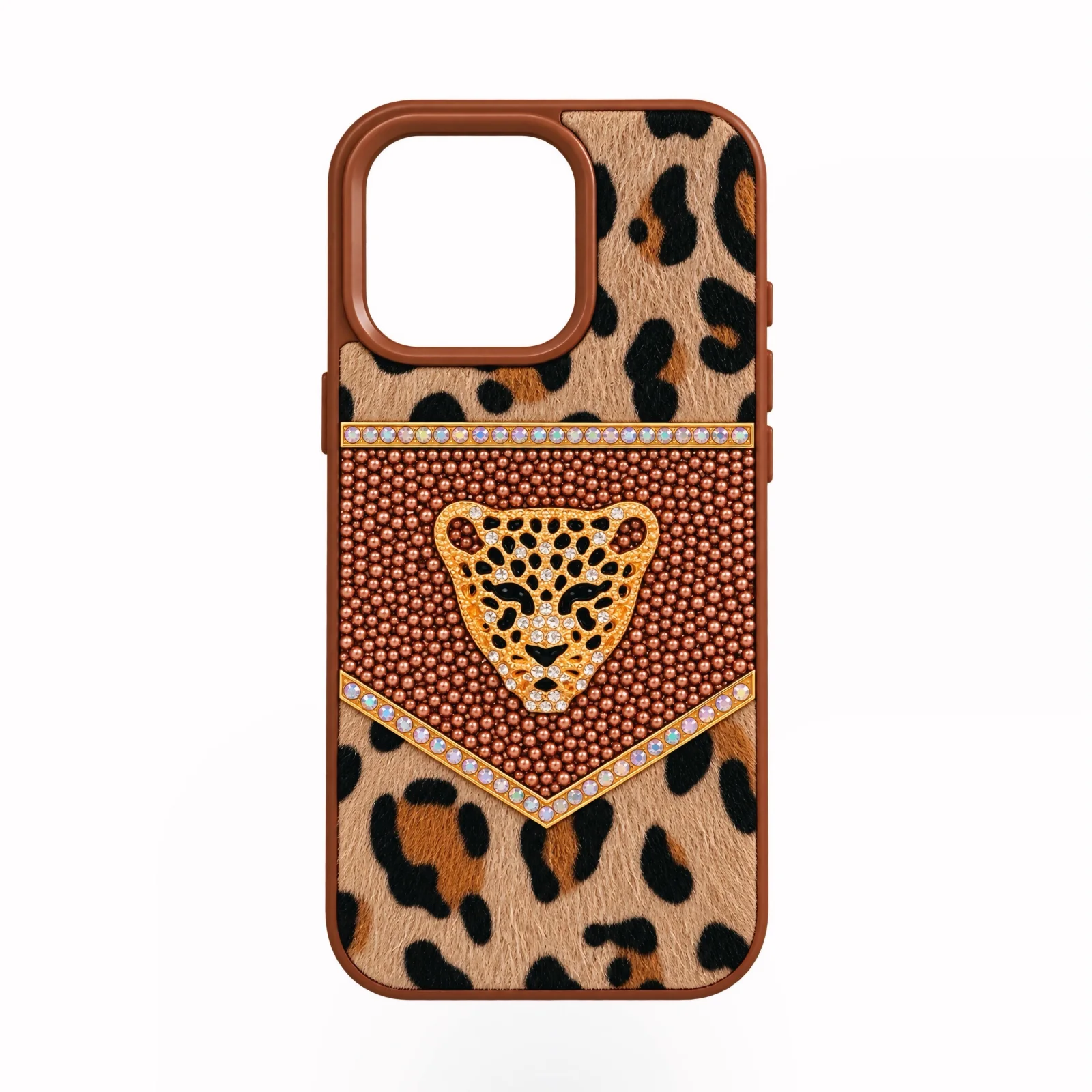 iPhone 14 Pro Leopar Desenli Taşlı ve İncili Lüks Kılıf