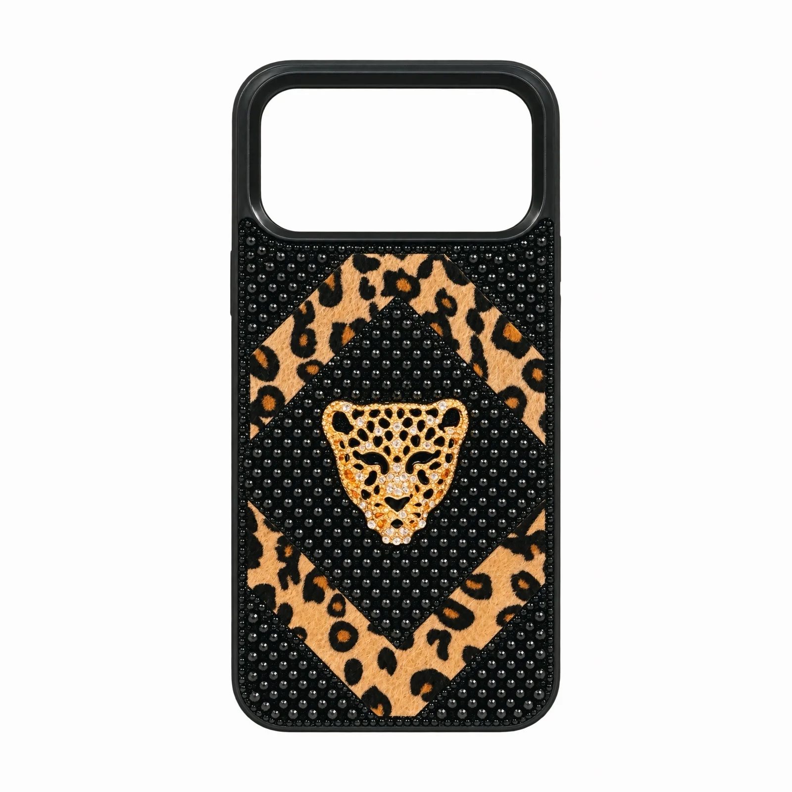 iPhone 17 Pro Max Leopar Desenli Taşlı ve İncili Lüks Kılıf