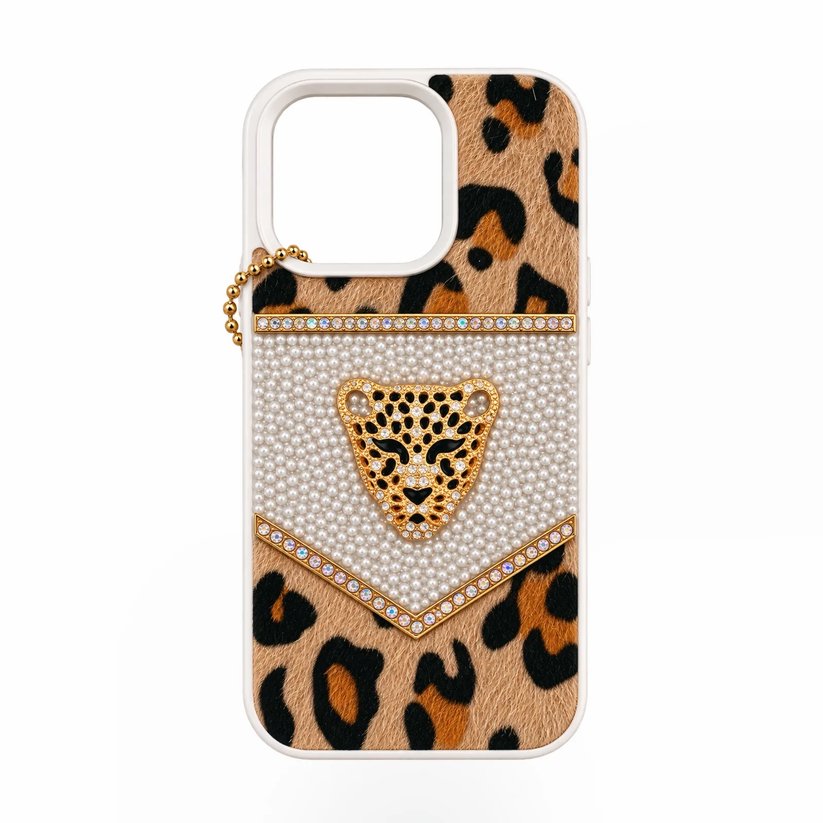 iPhone 15 Pro Leopar Desenli Taşlı ve İncili Lüks Kılıf